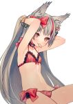  1girl adjusting_hair animal_ears azur_lane breasts commentary_request grey_hair hair_ornament hair_ribbon highres kamikaze_(azur_lane) long_hair looking_at_viewer navel ribbon shirako_sei small_breasts solo swimsuit white_background yellow_eyes 