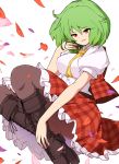  1girl boots cross-laced_footwear green_hair kazami_yuuka maguro_(mawaru_sushi) pantyhose parted_lips petals plaid plaid_skirt plaid_vest red_eyes skirt solo touhou vest white_background 