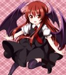  1girl :d bat_wings black_skirt black_vest eyes_visible_through_hair hair_between_eyes head_wings highres koakuma long_hair looking_at_viewer necktie open_mouth plaid plaid_background puffy_short_sleeves puffy_sleeves red_eyes red_neckwear redhead ruu_(tksymkw) short_sleeves simple_background skirt smile solo thigh-highs touhou vest wings 
