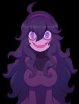  1girl @_@ black_background breasts creepy_eyes dress evil_smile hex_maniac_(pokemon) large_breasts liyart looking_at_viewer messy_hair open_mouth pokemon pokemon_(game) pokemon_xy purple_hair smile solo upper_body 