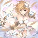  1girl bare_shoulders blonde_hair breasts cleavage detached_sleeves djeeta_(granblue_fantasy) flower granblue_fantasy hair_flower hair_ornament looking_at_viewer naruse_hirofumi short_hair shoulder_pads smile solo the_glory thigh-highs yellow_eyes 