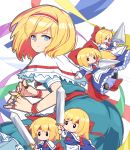  5girls alice_margatroid blonde_hair blue_eyes bow capelet from_behind hair_bow hairband headband lance light_smile long_hair looking_at_viewer looking_back maguro_(mawaru_sushi) multiple_girls polearm ribbon shanghai_doll sword touhou weapon wristband 