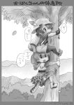  2girls animal_ears backpack bag bow bowtie bracelet climbing commentary elbow_gloves gloves greyscale hat hat_feather helmet high-waist_skirt highres jewelry kaban_(kemono_friends) kemono_friends leaf monochrome mountain multiple_girls nyororiso_(muyaa) open_mouth outdoors pantyhose pantyhose_under_shorts pith_helmet print_gloves print_skirt serval_(kemono_friends) serval_ears serval_print serval_tail shirt shoes short_hair short_sleeves shorts sketch skirt sleeveless sleeveless_shirt smile striped_tail suspenders tail translation_request tree 