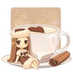  1girl arm_support artist_name barefoot blush brown_dress brown_eyes brown_hair cappuccino_(drink) chibi cinnamon_stick closed_mouth coffee_cup dav-19 dress food_themed_clothes fur-trimmed_dress fur_hat hand_on_own_knee hat heart lace_background long_hair looking_at_viewer original personification saucer sitting smile solo transparent_background very_long_hair watermark web_address white_hat 
