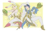  1boy 1girl alfonse_(fire_emblem) alternate_costume animal_ears blonde_hair blue_bow blue_eyes blue_gloves blue_hair bow brother_and_sister bunny_tail cup earmuffs easter_egg egg fake_animal_ears fake_tail fire_emblem fire_emblem_heroes gloves green_eyes high_heels highres itou_(very_ito) long_hair multicolored_hair open_mouth outstretched_arms pants pink_hair rabbit_ears see-through sharena short_hair siblings spoon tail white_gloves white_pants 