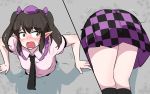  1girl ajia_(otya3039) ass ass_shake bangs bent_over black_legwear black_neckwear blush brown_eyes brown_hair checkered checkered_skirt ear_blush embarrassed eyebrows_visible_through_hair frilled_shirt_collar frills from_behind hair_ribbon hat himekaidou_hatate kneehighs long_hair medium_skirt motion_lines multiple_views necktie nose_blush pink_shirt pointy_ears print_skirt puffy_short_sleeves puffy_sleeves purple_hat purple_ribbon ribbon shirt short_sleeves sidelocks skirt stuck tearing_up tears thighs through_wall tokin_hat touhou twintails wall wide-eyed 