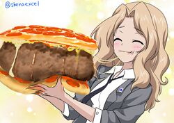  1girl :t black_neckwear blazer blonde_hair cheese closed_eyes closed_mouth commentary_request dress_shirt emblem excel_(shena) eyebrows_visible_through_hair food food_on_face girls_und_panzer grey_jacket hair_intakes hamburger highres holding holding_food jacket kay_(girls_und_panzer) long_hair long_sleeves necktie oversized_object pizza saunders_school_uniform school_uniform shirt sketch smile solo standing star twitter_username upper_body white_shirt wing_collar 