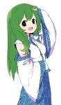  1girl :d blush detached_sleeves frog_hair_ornament green_hair hair_ornament hand_on_own_head kochiya_sanae long_hair looking_at_viewer maguro_(mawaru_sushi) open_mouth simple_background smile solo touhou white_background 
