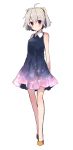  1girl ahoge angel_chromosome_xx arms_behind_back bangs bare_arms bare_shoulders blue_dress closed_mouth dress eyebrows_visible_through_hair full_body hair_between_eyes highres ikeuchi_tanuma looking_at_viewer neon_genesis_evangelion orange_footwear print_dress red_eyes shoes short_hair silver_hair simple_background sketch sleeveless sleeveless_dress solo standing starry_sky_print tabris tabris-xx twintails white_background 