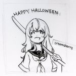  artist_name commentary_request creamsherry english_commentary greyscale halloween happy_halloween highres long_hair monochrome original school_uniform simple_background sword uncolored weapon white_background wooden_sword 
