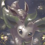  2008 black_eyes commentary creature dark eevee forest gen_1_pokemon gen_4_pokemon glitchedpuppet leaf leafeon looking_at_viewer lowres lying nature no_humans on_back orange_eyes pokemon pokemon_(creature) signature walking 