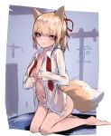  1girl animal_ears barefoot blonde_hair blush breasts fox_ears fox_girl fox_tail highres kneehighs looking_at_viewer natsume-same navel original panties ponytail striped striped_panties tail underwear violet_eyes wet wet_clothes 