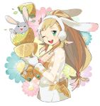  1girl alternate_costume animal_ears blonde_hair breasts cleavage cleavage_cutout cup earmuffs easter_egg fake_animal_ears fire_emblem fire_emblem_heroes flower gloves green_eyes holding long_hair one_eye_closed open_mouth pekaso1118n rabbit rabbit_ears see-through sharena solo white_gloves 
