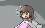  !? /\/\/\ 1girl brown_eyes brown_hair commentary_request dated hamu_koutarou highres kantai_collection motion_lines naka_(kantai_collection) open_mouth pajamas pillow short_hair solo 