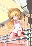  1girl bakemonogatari barefoot blonde_hair blush_stickers commentary_request dress eyebrows_visible_through_hair fang fang_out fingers_together hat highres kyabe_tsuka long_hair looking_at_viewer monogatari_(series) oshino_shinobu pointy_ears railing revision sitting smile solo straw_hat sun_hat very_long_hair yellow_eyes 