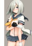  1girl arm_grab bikini black_bikini blouse blue_eyes blue_skirt blush breast_hold breasts closed_mouth commentary_request cowboy_shot eyebrows_visible_through_hair eyes_visible_through_hair gloves grey_background hair_ornament hairclip hamakaze_(kantai_collection) highres kantai_collection looking_at_viewer medium_breasts microskirt miniskirt navel pleated_skirt sailor sailor_collar short_hair short_sleeves side-tie_bikini silver_hair skirt smile solo standing striped striped_skirt swimsuit swimsuit_under_clothes untied untied_bikini white_blouse white_gloves yellow_neckwear yuna_(spn28u79) 