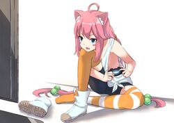  1girl ahoge animal_ears bangs bare_arms bike_shorts black_shorts blue_eyes blush_stickers boots boots_removed cat_ears commentary_request controller eyebrows_visible_through_hair fangs game_controller hair_bobbles hair_ornament head_on_knee highres hinata_channel holding long_hair looking_away low_twintails mismatched_legwear nekomiya_hinata open_mouth orange_legwear pink_hair playing_games short_shorts shorts single_boot sitting solo striped striped_legwear tank_top thigh-highs tsukiman twintails v-shaped_eyebrows very_long_hair virtual_youtuber white_background white_footwear white_tank_top 