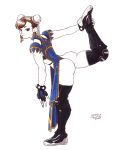  1girl alternate_costume ass boots bracelet brown_hair bun_cover cerebro_podrido chinese_clothes chun-li double_bun earrings fingerless_gloves flexible gloves highres jewelry leg_lift limited_palette looking_at_viewer simple_background solo spiked_bracelet spikes strap street_fighter stretch thigh-highs thigh_boots wedgie 