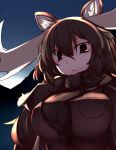  1girl antlers bangs breast_pocket breasts brown_eyes brown_hair closed_mouth commentary_request eyebrows_visible_through_hair furorina hair_between_eyes kemono_friends large_breasts long_hair looking_at_viewer moose_(kemono_friends) moose_ears pocket solo upper_body 