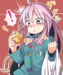  ! 1girl ahoge bangs blue_shirt blush bow bowtie brown_background collared_shirt commentary_request cream_puff eating eyebrows_visible_through_hair food furorina hair_between_eyes hata_no_kokoro holding holding_bag holding_food long_hair long_sleeves nose_blush pink_eyes pink_hair pink_neckwear shirt sidelocks solo sparkling_eyes star touhou upper_body 