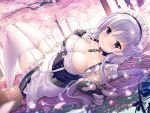  1girl arm_guards azur_lane bangs bare_shoulders basket belfast_(azur_lane) black_choker blanket blush braid breasts candy chains cherry_blossoms choker cleavage closed_mouth collarbone corset dappled_sunlight dress elbow_gloves eyebrows_visible_through_hair flower food french_braid frilled_gloves frilled_skirt frills garter_straps gloves hand_on_own_chest knees_up large_breasts lollipop looking_at_viewer looking_to_the_side lying maid maid_headdress no_shoes on_back outdoors petals pink_flower revision shiny shiny_hair skirt sleeveless sleeveless_dress smile solo sousouman sunlight thigh-highs tree white_dress white_gloves zettai_ryouiki 