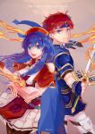  1boy 1girl absurdres armor artist_request blue_eyes blue_hair blush cape couple dress fire_emblem fire_emblem:_fuuin_no_tsurugi gloves hat hetero highres lilina long_hair looking_at_viewer open_mouth redhead roy_(fire_emblem) short_hair simple_background smile 