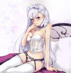  1girl azur_lane bare_shoulders belfast_(azur_lane) blush braid breasts bustier cleavage closed_mouth commentary_request french_braid garter_belt garter_straps lace lingerie long_hair looking_at_viewer maid_headdress medium_breasts on_bed panties pillow rizzl sitting smile solo thigh-highs underwear underwear_only violet_eyes white_hair white_legwear 
