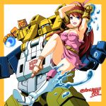  1girl 2boys 80s air_bubble artist_name autobot blue_eyes bubble character_request floating_hair glowing insignia kamizono_(spookyhouse) long_hair looking_at_viewer mechanization multiple_boys oldschool open_mouth red_eyes seaspray smile transformers water 