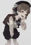  1girl backpack bag bangs beret between_legs black_hat black_skirt brown_eyes brown_hair commentary_request fangs flower grey_background hachimitsucoffee hand_between_legs hand_to_own_face hat hatoba_tsugu hatoba_tsugu_(character) highres leaning_forward long_sleeves looking_at_viewer open_mouth shirt simple_background skirt solo suspender_skirt suspenders translation_request virtual_youtuber white_legwear white_shirt 