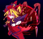  1girl alternate_costume bangs black_background blonde_hair capelet commentary_request cowboy_shot eyebrows_visible_through_hair flandre_scarlet furorina grin hair_between_eyes hat looking_at_viewer mob_cap red_eyes side_ponytail sidelocks smile solo touhou 