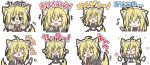  &gt;_&lt; +++ 1girl :d ahoge animal_ears arms_up bangs black_dress black_eyes blonde_hair blush_stickers chibi closed_eyes dog_ears dog_girl dog_tail dress eyebrows_visible_through_hair facing_viewer flying_sweatdrops hair_between_eyes hands_up long_hair looking_at_viewer maid maid_headdress open_mouth original outstretched_arms own_hands_together puffy_short_sleeves puffy_sleeves rinechun short_sleeves smile tail translation_request xd 