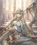  1girl armor blonde_hair blue_eyes breasts chains collar commentary_request fate/grand_order fate_(series) gauntlets headpiece highres jeanne_d&#039;arc_(alter)_(fate) jeanne_d&#039;arc_(fate)_(all) kito_(kito2) leg_armor leg_up long_hair looking_at_viewer medium_breasts parted_lips pennant sheath sheathed sitting skirt solo sunlight sword weapon window 