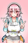  1girl angie_bunnie blush breasts cellphone double_v google headphones large_breasts long_hair looking_at_viewer nitroplus object_on_breast open_mouth phone pink_hair red_eyes simple_background smartphone solo super_sonico tawawa_challenge v 
