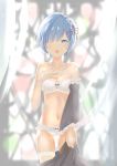  1girl absurdres bare_shoulders blue_eyes blue_hair blurry blurry_background bow bow_bra bow_panties bra breasts cowboy_shot depth_of_field detached_sleeves eyebrows_visible_through_hair frilled_panties frilled_sleeves frills hair_ornament hair_over_one_eye hair_ribbon hand_on_own_chest highres holding_clothes holding_skirt light_particles looking_at_viewer medium_breasts open_mouth panties re:zero_kara_hajimeru_isekai_seikatsu red_ribbon rem_(re:zero) ribbon ryosu127 short_hair skirt skirt_pull solo standing tearing_up underwear underwear_only white_bra white_panties x_hair_ornament 