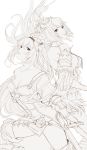  2girls bare_shoulders breasts cleavage collarbone dark_jeanne detached_sleeves dual_persona feathers flower granblue_fantasy hair_feathers hair_flower hair_ornament hairband jeanne_d&#039;arc_(granblue_fantasy) jewelry monochrome multiple_girls necklace nido_celisius sideboob simple_background sketch smile torn_clothes white_background 