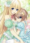  2girls :d ;d absurdres bare_shoulders blanc blonde_hair blue_eyes breast_pillow breasts choker detached_sleeves flower frilled_sleeves frills hair_ornament hand_on_another&#039;s_head highres large_breasts long_hair looking_at_viewer multiple_girls neck_ribbon neptune_(series) official_art one_eye_closed open_mouth ribbon rose short_hair smile star star_hair_ornament thigh-highs tsunako vert very_long_hair white_flower white_legwear white_rose 