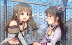  2girls ^_^ blush breasts brown_hair character_request cleavage closed_eyes collarbone commission copyright_request eyebrows_visible_through_hair facing_another fence grey_eyes hair_bun hair_ornament hairclip k-2_(girls_frontline) kamille_(vcx68) large_breasts looking_at_another multiple_girls navel necktie open_mouth outdoors shimamura_uzuki smile thong yellow_neckwear 