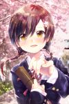  1girl black_hair braid brown_eyes cherry_blossoms crying crying_with_eyes_open ech flower graduation hair_flower hair_ornament jewelry long_hair looking_at_viewer open_mouth original reaching_out ring school_uniform solo tears tube twin_braids upper_body 