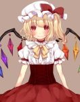  1girl adapted_costume blonde_hair bow breasts buttons choker closed_mouth commentary corset cowboy_shot eyebrows_visible_through_hair eyelashes flandre_scarlet frilled_shirt frills gem hat hat_bow light_blush light_smile lips looking_at_viewer mob_cap neck_ribbon one_side_up puffy_short_sleeves puffy_sleeves red_bow red_choker red_eyes red_skirt ribbon ribbon-trimmed_sleeves ribbon_trim shirt short_hair short_sleeves simple_background skirt small_breasts solo standing tan_background touhou udon0513 white_shirt wings yellow_neckwear 