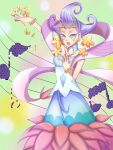  1girl bloom_diva_the_melodious_choir breasts dress duel_monster flower hair_flower hair_ornament lavender_hair looking_at_viewer multicolored multicolored_eyes music musical_note open_mouth petals sash singing sleeveless sleeveless_dress smile solo white_dress yu-gi-oh! 