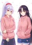  2girls alternate_costume black_hair breasts cherry_blossoms closed_mouth commentary_request eyebrows_visible_through_hair fate/grand_order fate_(series) furan_(pixiv20237436) hair_between_eyes hands_in_pockets highres hood hoodie katou_danzou_(fate/grand_order) long_hair looking_at_viewer medium_breasts multiple_girls ponytail red_eyes red_ribbon ribbon silver_hair smile tomoe_gozen_(fate/grand_order) very_long_hair yellow_eyes 