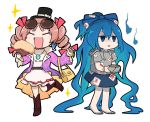  2girls absurdly_long_hair black_hat blue_fire blue_hair bow bracelet brown_hair chibi drill_hair earrings eyewear_on_head fire hair_between_eyes hair_ribbon hat hat_bow hat_ribbon hood hoodie jewelry kasugai_(de-tteiu) long_hair multiple_girls no_nose ofuda open_mouth red_ribbon ribbon ring shaded_face short_sleeves siblings sisters sparkle sunglasses top_hat touhou twin_drills very_long_hair white_bow white_ribbon yorigami_jo&#039;on yorigami_shion 