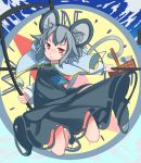  1girl animal_ears bangs basket black_footwear black_skirt capelet closed_mouth commentary_request dowsing_rod eyebrows_visible_through_hair frown furorina grey_hair holding jewelry long_sleeves looking_at_viewer mouse mouse_ears mouse_tail nazrin necklace orange_eyes shoes short_hair skirt skirt_set socks tail touhou v-shaped_eyebrows white_legwear 