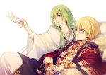  1boy androgynous bangs bird bird_on_hand blonde_hair bracelet chains collarbone earrings enkidu_(fate/strange_fake) eyebrows_visible_through_hair fate/grand_order fate_(series) gilgamesh gold gold_chain green_eyes green_hair jewelry long_hair long_sleeves necklace open_mouth outstretched_arm red_eyes robe short_hair simple_background sitting smile white_background white_robe wide_sleeves xia_(ryugo) 
