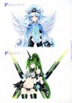  2girls absurdres blue_hair bodysuit breasts gloves green_hair green_heart hat highres large_breasts long_hair looking_at_viewer midriff multiple_girls navel neptune_(series) next_green next_white official_art ponytail red_eyes scan simple_background small_breasts symbol-shaped_pupils thigh-highs tsunako very_long_hair violet_eyes white_heart wings 