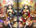  2girls amaterasu_(mythology) black_hair dual_persona glowing goddess japanese_clothes light majo_(artist) multiple_girls original 