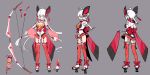  1girl absurdres alternate_costume arrow artist_request black_footwear bow_(weapon) breasts character_sheet cleavage commentary_request geta gluteal_fold grey_background highres large_breasts multiple_views navel official_art platform_footwear platform_heels quad_tails red_legwear senki_zesshou_symphogear senki_zesshou_symphogear_xd_unlimited simple_background sketch smile symphogear_pendant thigh-highs weapon white_hair yukine_chris 