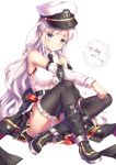  1girl absurdres arm_on_knee armpits azur_lane bangs bare_shoulders black_legwear black_neckwear blush boots breasts buckle buttons collared_shirt crossed_ankles dated detached_sleeves enterprise_(azur_lane) hat highres jacket jacket_removed knee_boots large_breasts leg_belt long_hair looking_at_viewer military military_uniform miniskirt naval_uniform necktie panties pantyshot pantyshot_(sitting) peaked_cap revealing_clothes shirt sidelocks signature silver_hair simple_background sitting skirt sleeveless sleeveless_shirt smile solo thigh-highs thighs underwear uniform very_long_hair violet_eyes white_background white_panties white_shirt xi_zhujia_de_rbq 