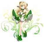  1girl bangs blonde_hair blush boots breasts character_request cleavage detached_sleeves dress eyebrows_visible_through_hair green_dress green_eyes green_footwear head_tilt highres horns kutata long_hair long_sleeves looking_at_viewer medium_breasts one_eye_closed solo standing standing_on_one_leg tartaros_online very_long_hair white_background wind wind_lift 