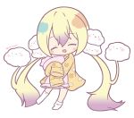  1girl :d absurdly_long_hair animal_print bangs blonde_hair blush bunny_print chibi closed_eyes closed_mouth cloud_print clouds eyebrows_visible_through_hair facing_viewer full_body gradient_hair hair_between_eyes long_hair long_sleeves looking_at_viewer mahou_shoujo_ikusei_keikaku multicolored_hair nemurin open_mouth pajamas pillow pillow_hug print_pajamas print_shirt purple_hair rinechun shirt simple_background sleeves_past_fingers sleeves_past_wrists smile socks solo standing standing_on_one_leg twintails twitter_username very_long_hair white_background white_legwear yellow_pajamas yellow_shirt 